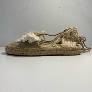 Soludos Tasseled Suede Platform Gladiator Sandals Jute Panels Camel Tan Size 7